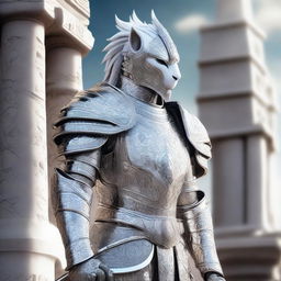 A majestic white leonin warrior clad in shining silver armor