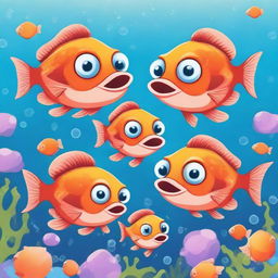 A funny cartoon illustration of a piranha family