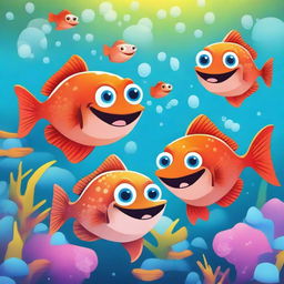 A funny cartoon illustration of a piranha family