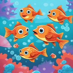 A funny cartoon illustration of a piranha family