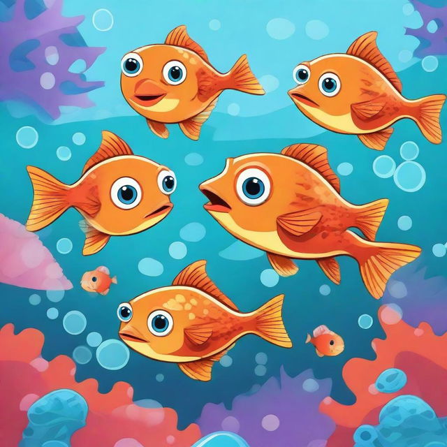 A funny cartoon illustration of a piranha family