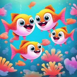 A funny cartoon illustration of a piranha family