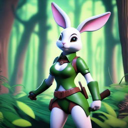 A seductive rabbit ranger character standing in a lush forest