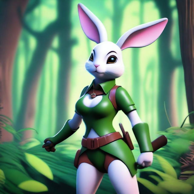 A seductive rabbit ranger character standing in a lush forest