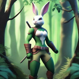 A seductive rabbit ranger character standing in a lush forest