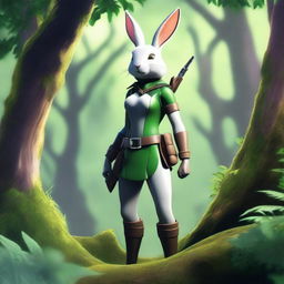 A seductive rabbit ranger character standing in a lush forest