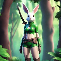 A seductive rabbit ranger character standing in a lush forest