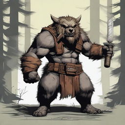 A detailed illustration of a bugbear fighter, standing in a battle-ready pose with weapons in hand