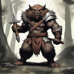 A detailed illustration of a bugbear fighter, standing in a battle-ready pose with weapons in hand