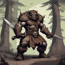 A detailed illustration of a bugbear fighter, standing in a battle-ready pose with weapons in hand