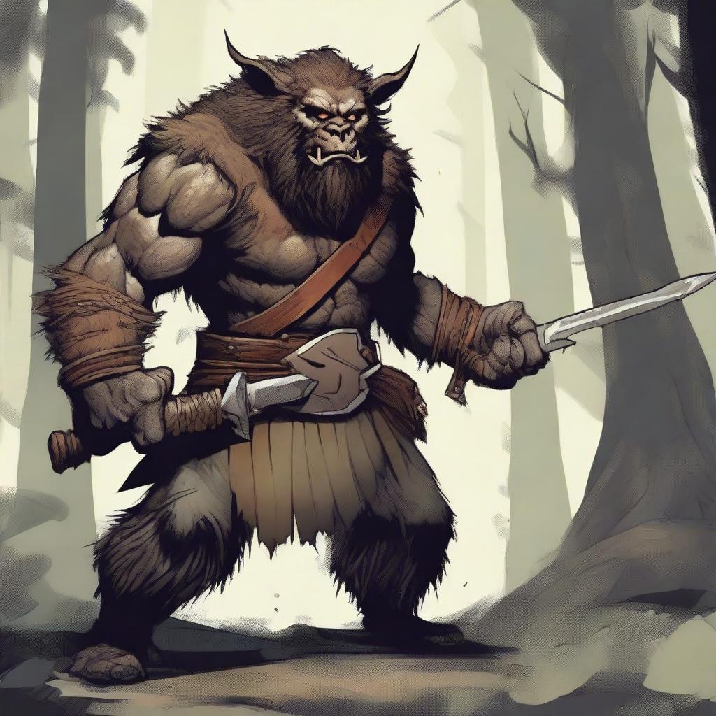 A detailed illustration of a bugbear fighter, standing in a battle-ready pose with weapons in hand