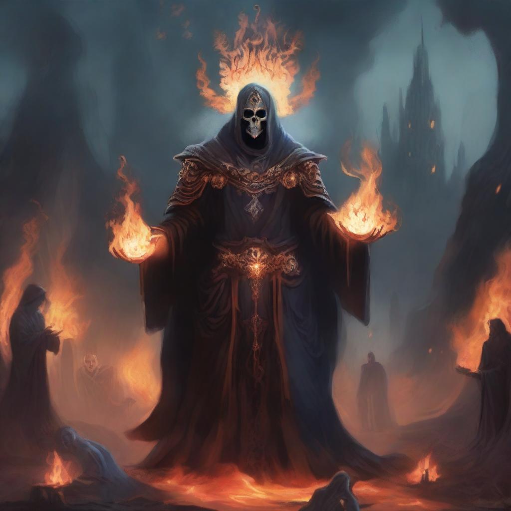 A captivating illustration of a fire genasi necromancer, standing amidst a mystical and eerie landscape