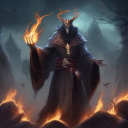 A captivating illustration of a fire genasi necromancer, standing amidst a mystical and eerie landscape