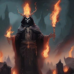 A captivating illustration of a fire genasi necromancer, standing amidst a mystical and eerie landscape