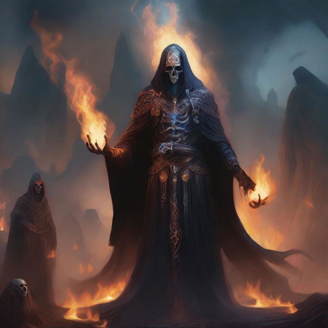 A captivating illustration of a fire genasi necromancer, standing amidst a mystical and eerie landscape