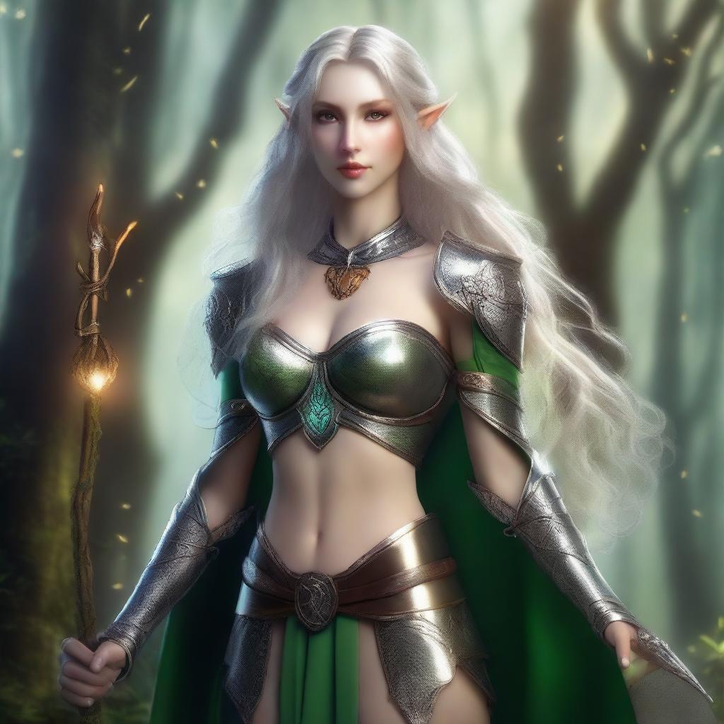 A beautiful and alluring female elf cleric dressed in elegant, slightly revealing fantasy armor