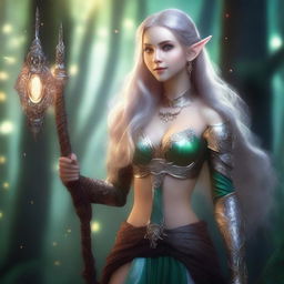 A beautiful and alluring female elf cleric dressed in elegant, slightly revealing fantasy armor