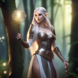 A beautiful and alluring female elf cleric dressed in elegant, slightly revealing fantasy armor