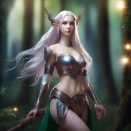 A beautiful and alluring female elf cleric dressed in elegant, slightly revealing fantasy armor