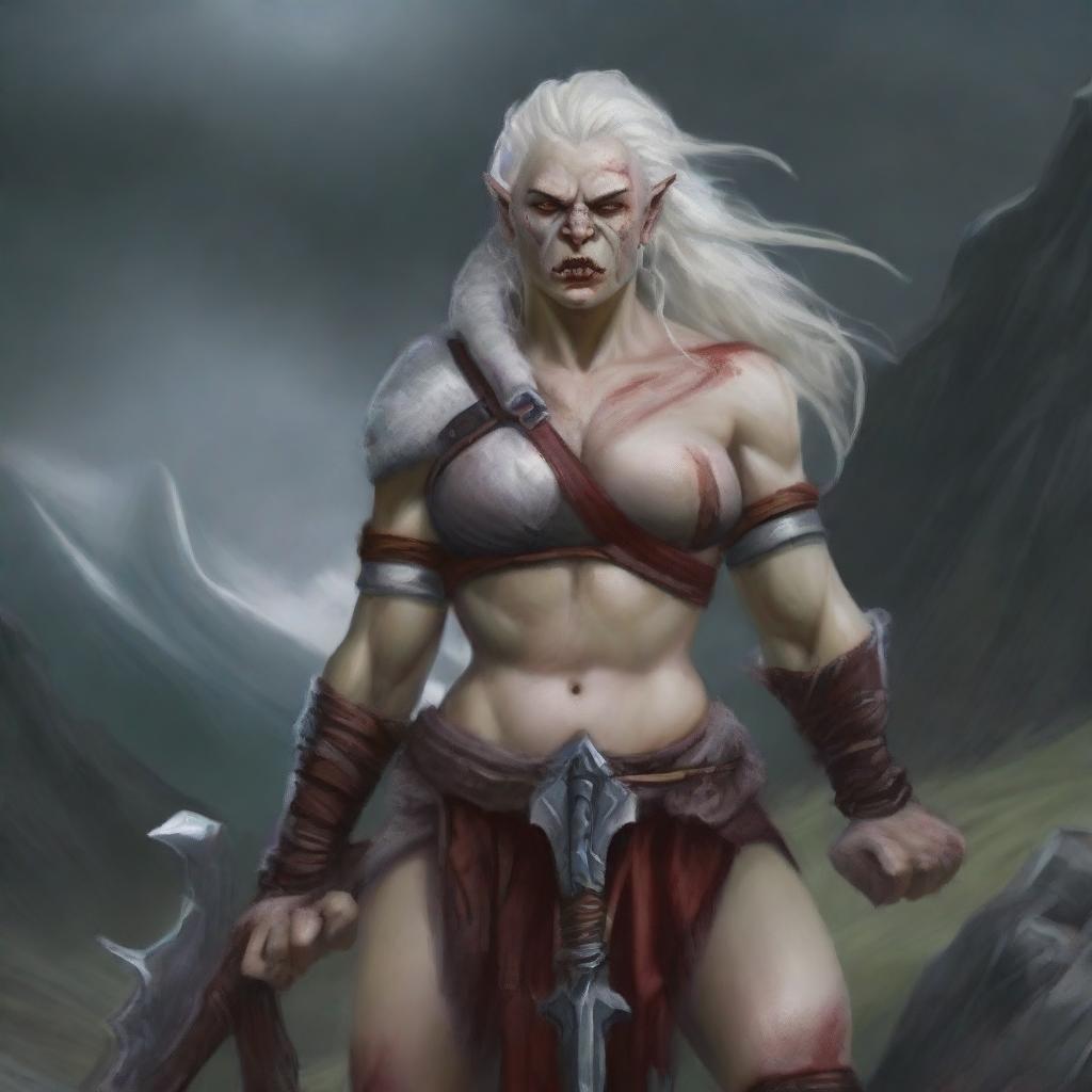 A fierce female half-orc albino barbarian, standing tall with a battle axe in hand