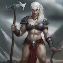 A fierce female half-orc albino barbarian, standing tall with a battle axe in hand