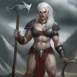 A fierce female half-orc albino barbarian, standing tall with a battle axe in hand