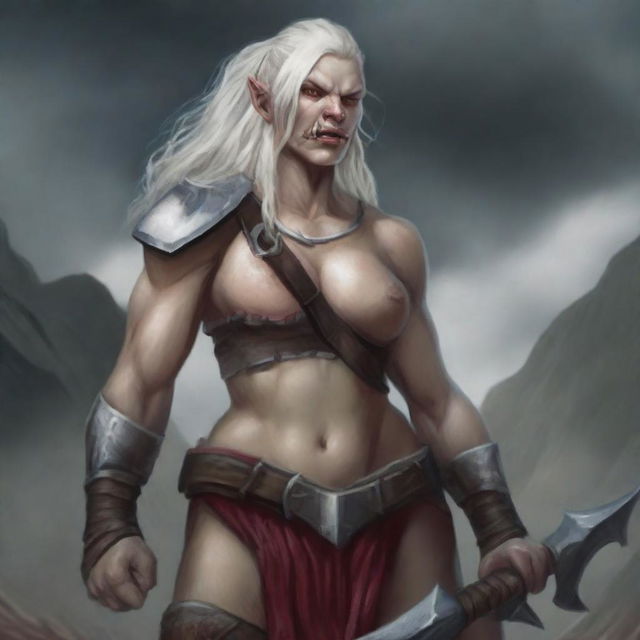 A fierce female half-orc albino barbarian, standing tall with a battle axe in hand