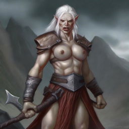 A fierce female half-orc albino barbarian, standing tall with a battle axe in hand