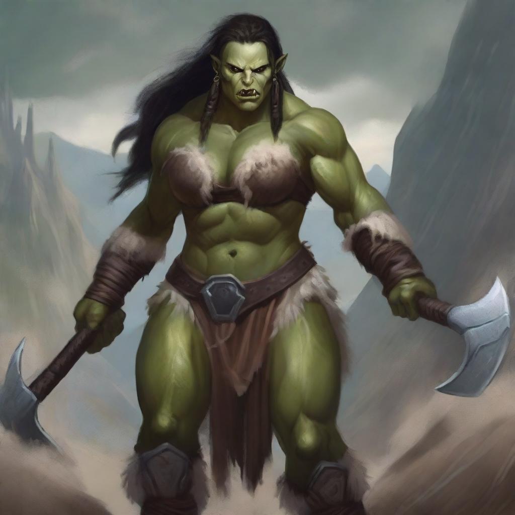 A strikingly beautiful female half-orc with alabaster skin and a muscular build, dressed in barbarian attire