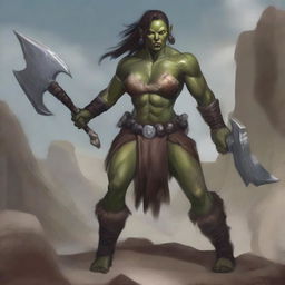 A strikingly beautiful female half-orc with alabaster skin and a muscular build, dressed in barbarian attire