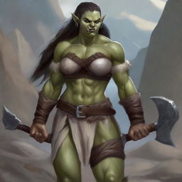 A strikingly beautiful female half-orc with alabaster skin and a muscular build, dressed in barbarian attire