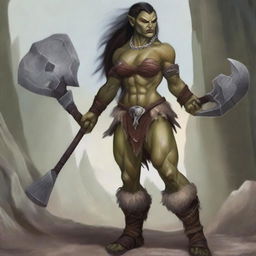 A strikingly beautiful female half-orc with alabaster skin and a muscular build, dressed in barbarian attire