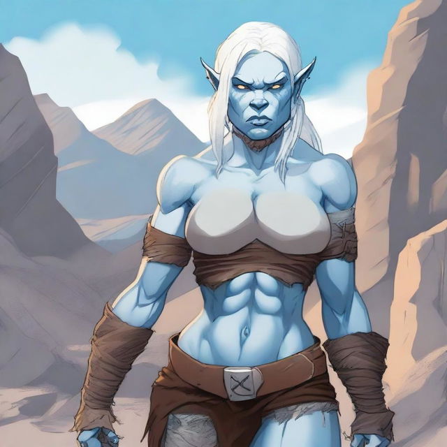 A detailed illustration of a sexy female orc with an albino appearance, featuring light blue eyes