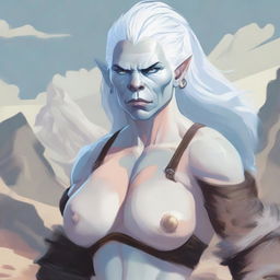 A detailed illustration of a sexy female orc with an albino appearance, featuring light blue eyes