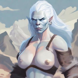 A detailed illustration of a sexy female orc with an albino appearance, featuring light blue eyes