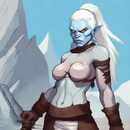 A detailed illustration of a sexy female orc with an albino appearance, featuring light blue eyes