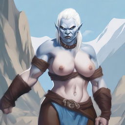 A detailed illustration of a sexy female orc with an albino appearance, featuring light blue eyes