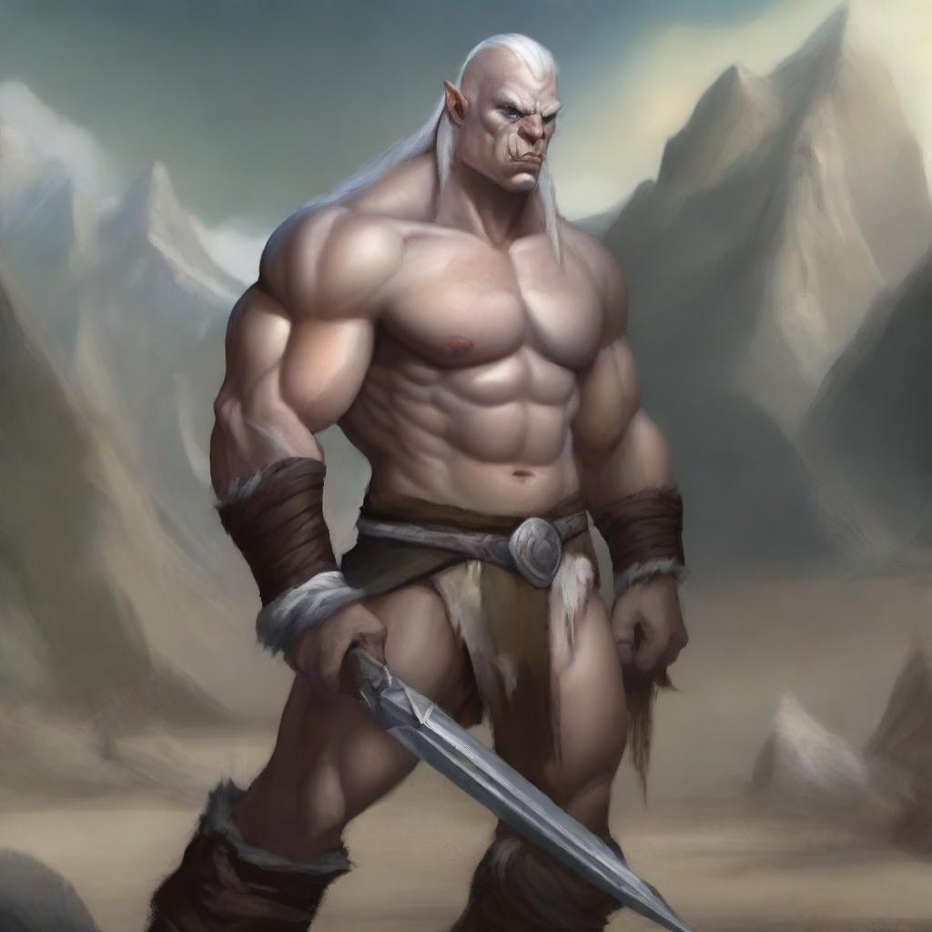 Create an image of a sexy half-orc albino barbarian