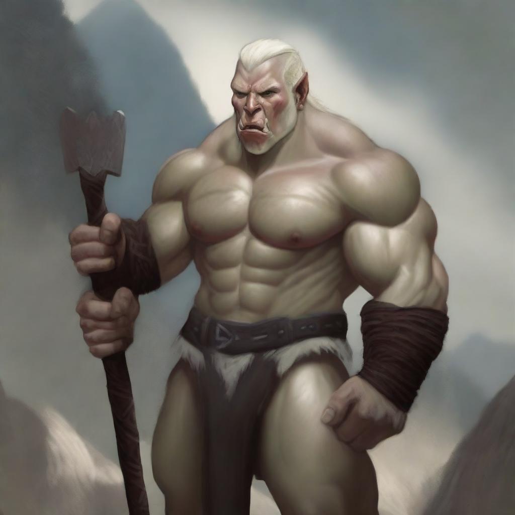 Create an image of a sexy half-orc albino barbarian