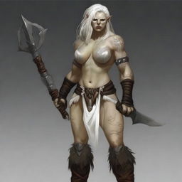 Create an image of a sexy female half-orc albino barbarian