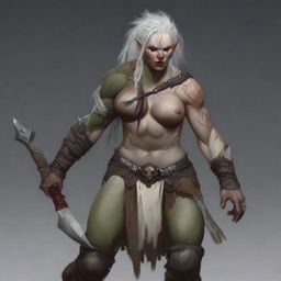 A powerful and alluring half-female orc with albinism, portrayed as a fierce barbarian warrior