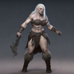 A powerful and alluring half-female orc with albinism, portrayed as a fierce barbarian warrior