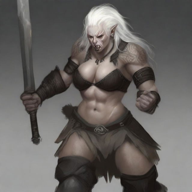 A powerful and alluring half-female orc with albinism, portrayed as a fierce barbarian warrior