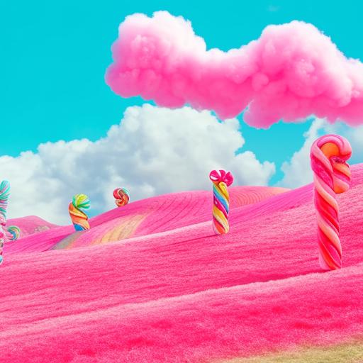 A vibrant, whimsical land made entirely of colorful bubble gum. Pink and turquoise rolling hills, soaring candy cane trees, gummy bear inhabitants, bubble gum blowing flowers, and a sky filled with cotton candy clouds.