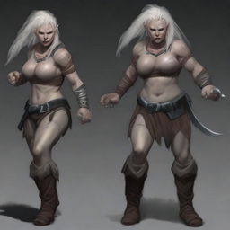 A powerful and alluring half-female orc with albinism, portrayed as a fierce barbarian warrior