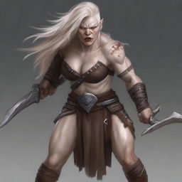 A striking and powerful female half-orc with albinism, portrayed as a fierce barbarian warrior