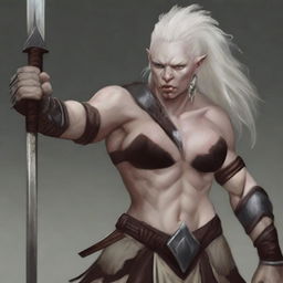 A striking and powerful female half-orc with albinism, portrayed as a fierce barbarian warrior