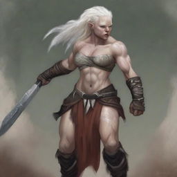 A striking and powerful female half-orc with albinism, portrayed as a fierce barbarian warrior