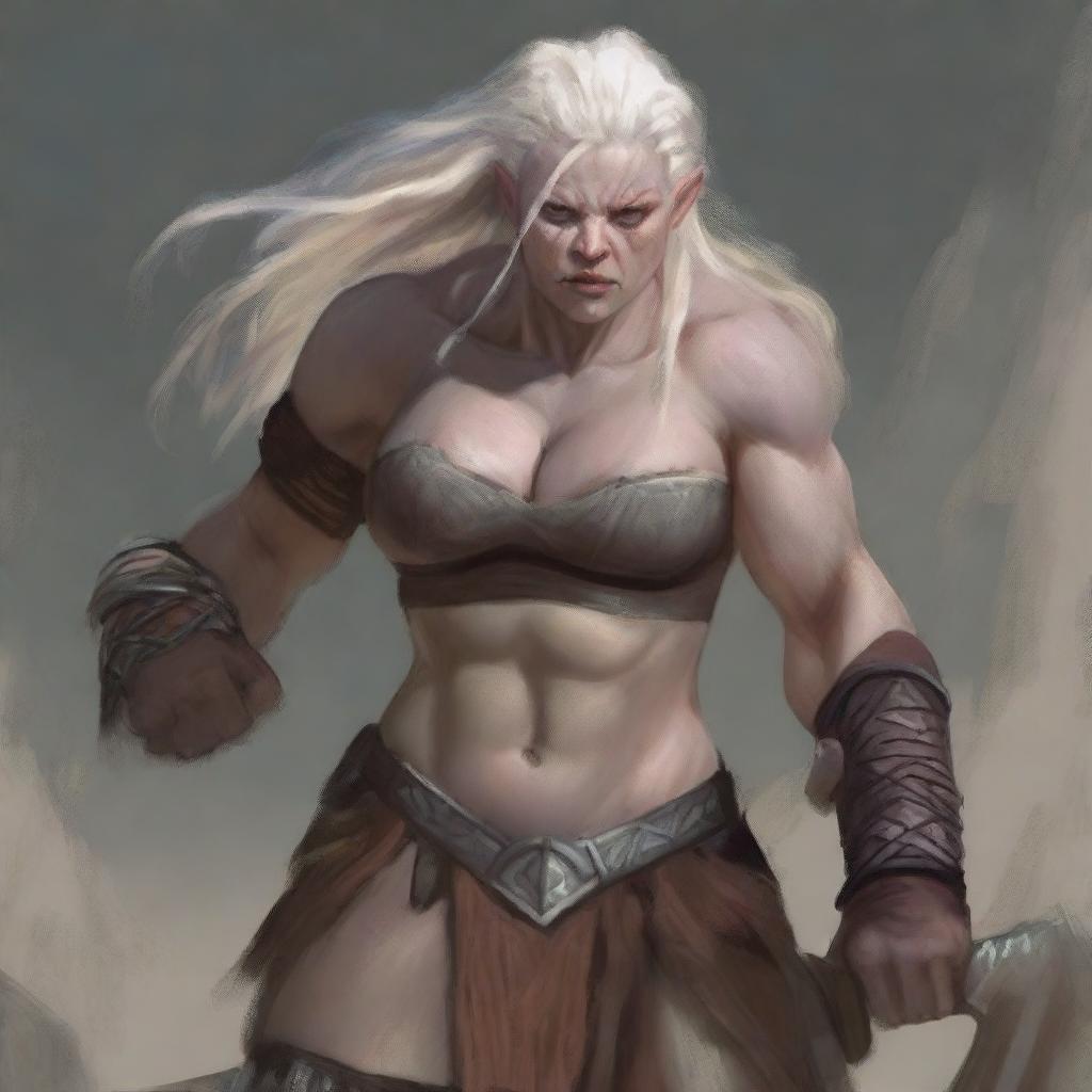 A striking and powerful female half-orc with albinism, portrayed as a fierce barbarian warrior