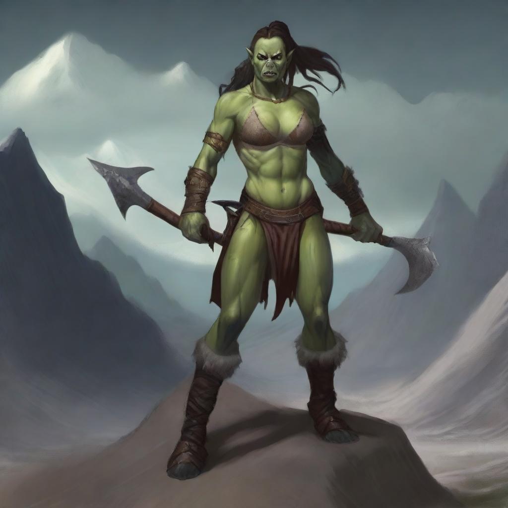 A powerful and sexy female half-orc with albine skin wielding a massive axe